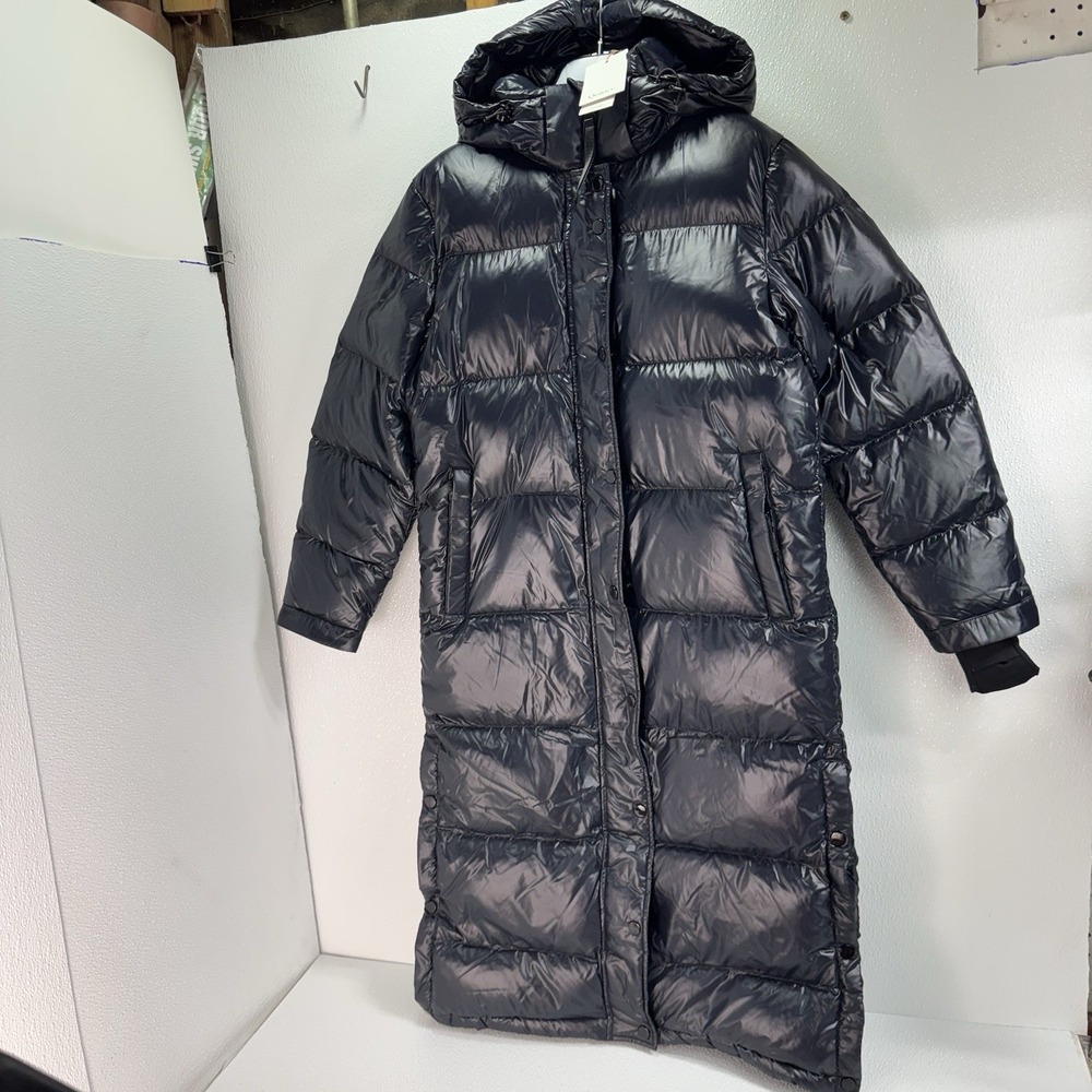 NWT Quince Women's Responsible Down Long Puffer Jacket Hooded Shiny Black Sz XS